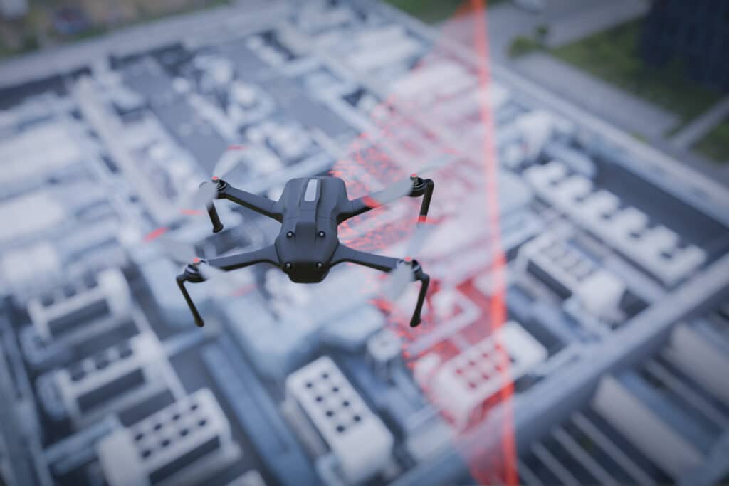 Drone performing a roof inspection and 3D scanning. An ideal solution for monitoring the condition of buildings and urban infrastructure using advanced technologies.