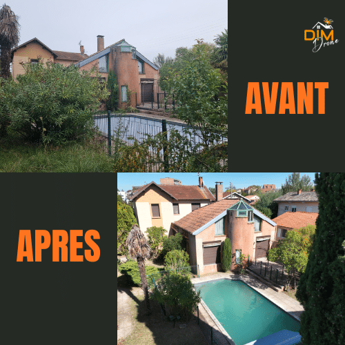 Comparaison AVANT/APRES : maison avec piscine envahie puis rénovée et entretenue. Texte visible : AVANT, APRES, DIM Drone.
