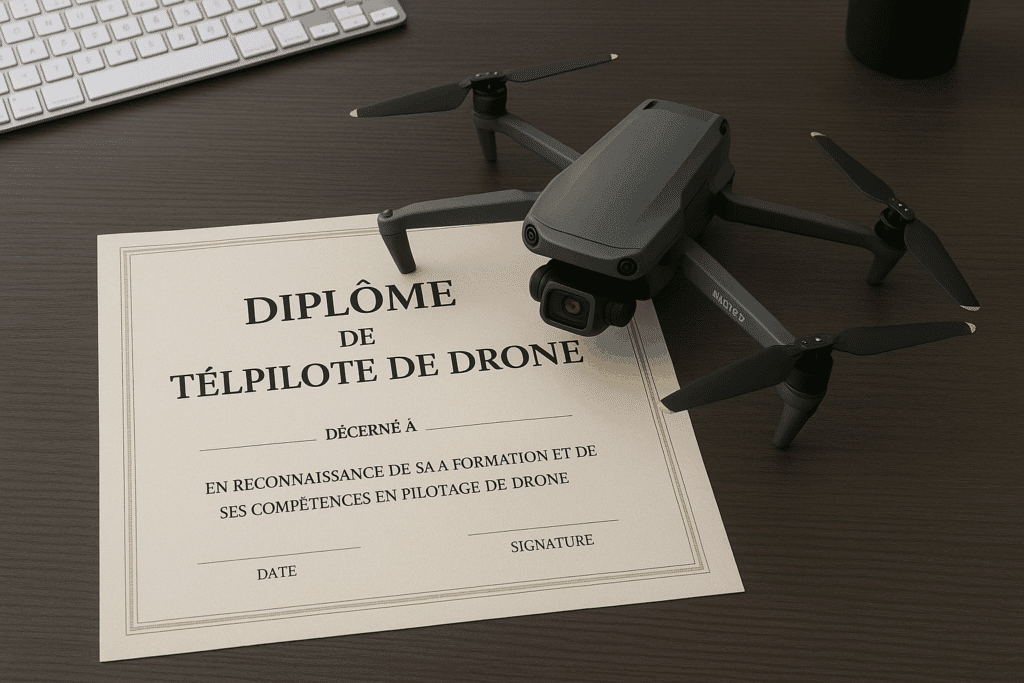 Diplôme de Télépilote de Drone posé sur un bureau sombre à côté d'un drone gris de type DJI Mavic.