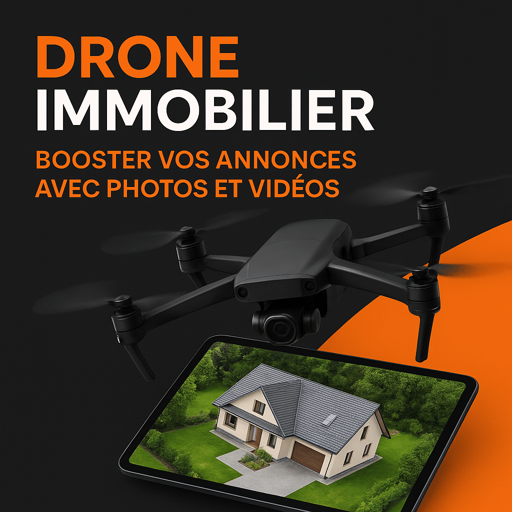 Drone immobilier capturant une vue aérienne d'une maison sur tablette. Texte : DRONE IMMOBILIER - BOOSTEZ VOS ANNONCES AVEC PHOTOS ET VIDÉOS.