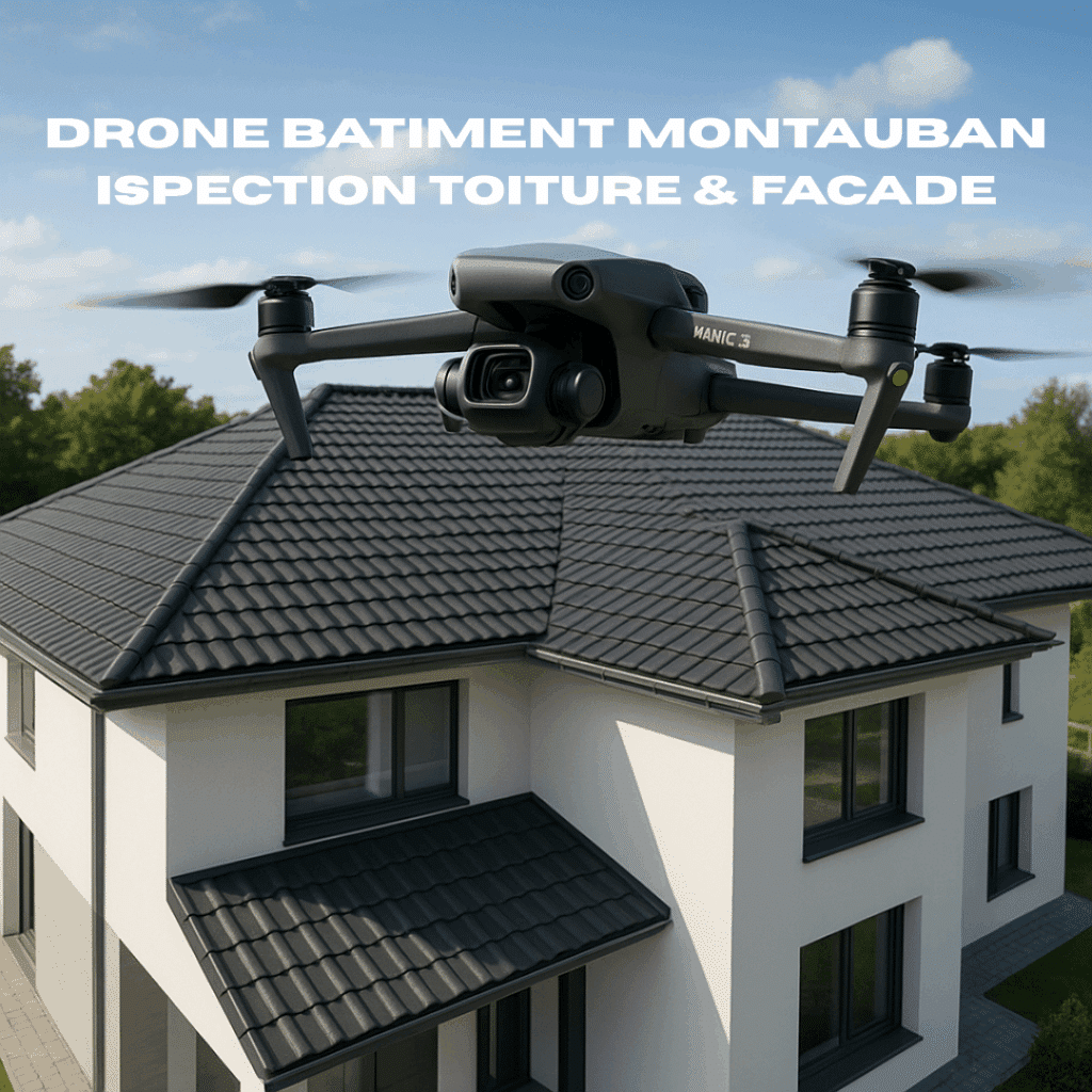 Drone DJI Mavic 3 effectuant une inspection de toiture et façade sur une maison moderne à Montauban. Texte: DRONE BATIMENT MONTAUBAN INSPECTION TOITURE & FACADE.